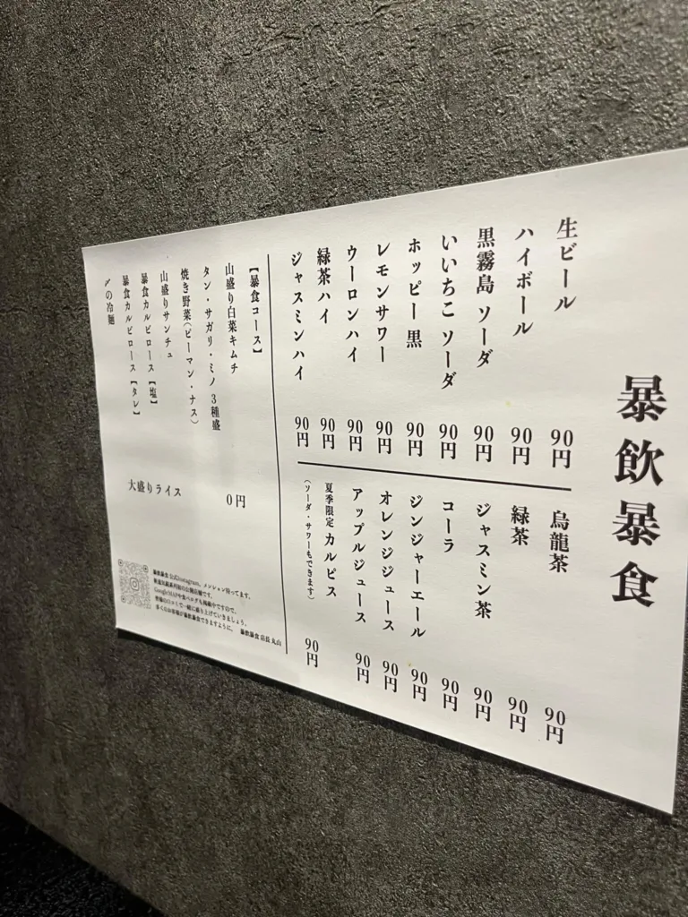 暴飲暴食のメニュー表