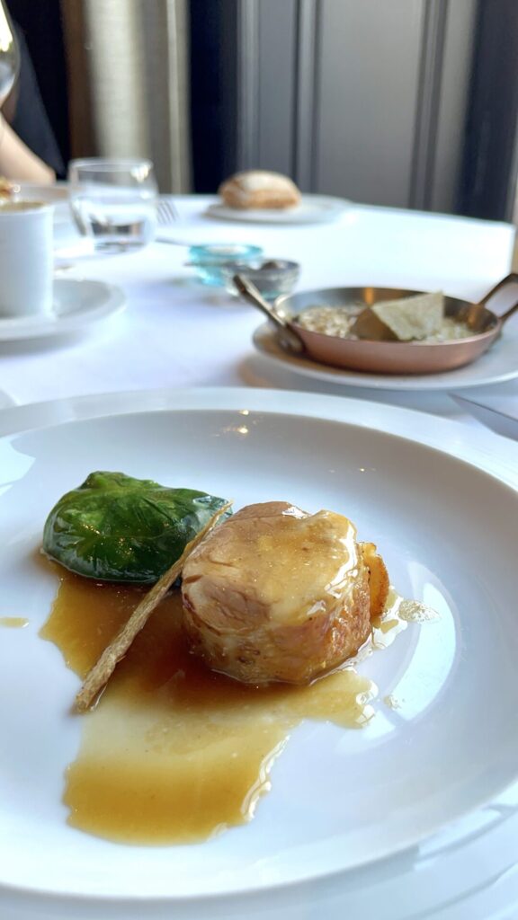 Bresse chicken ballotine with crispy skin ‘rice farci’ and chicken liver ‘gateau’①